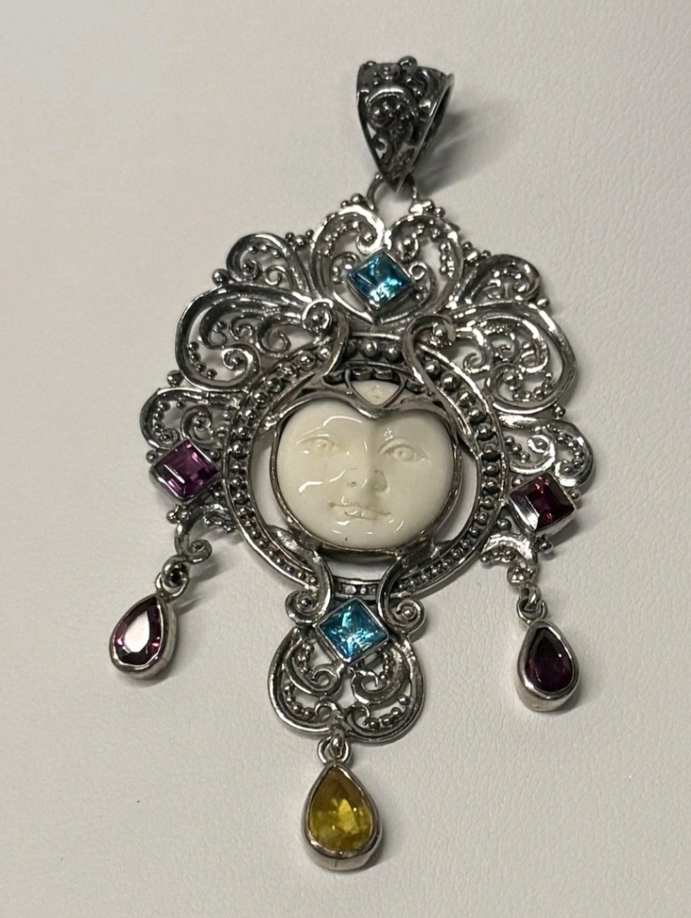 Beautiful Ornate Indonesian Carved Moon Face Multi Gem Pendant 925 Stamped Siver - Picture 9 of 14